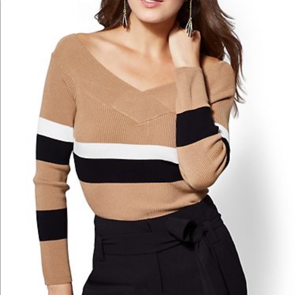 Camel Striped Off-The-Shoulder Sweater